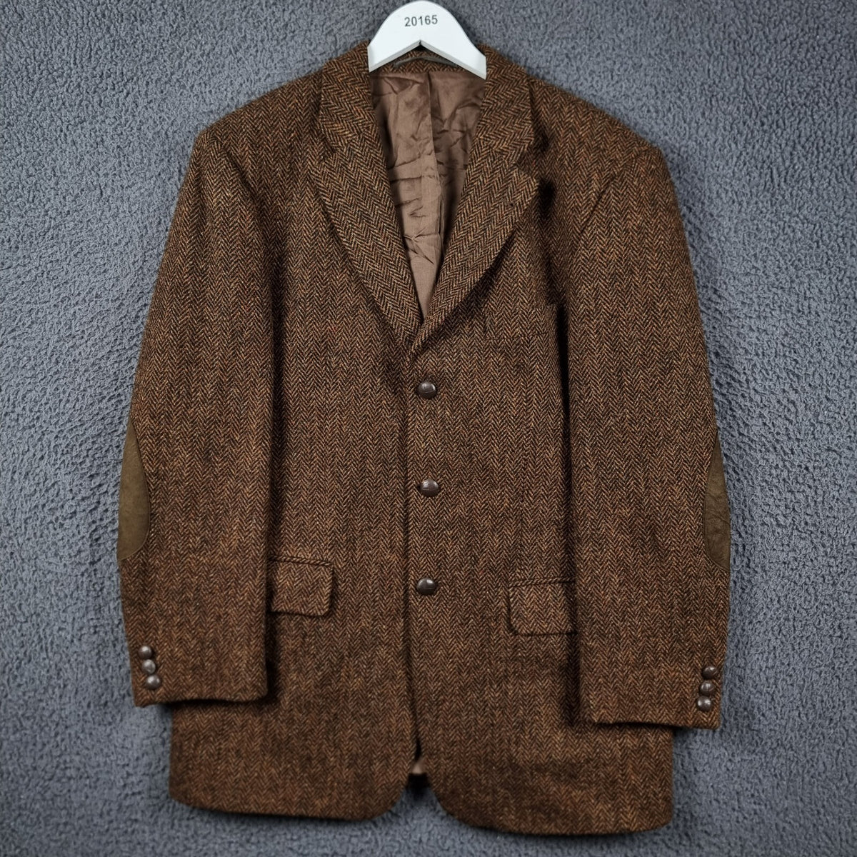 Harris Tweed Blazer Jacket Mens 40 Brown Herringbone Leather Elbow Patch Sport Coat Atwardson