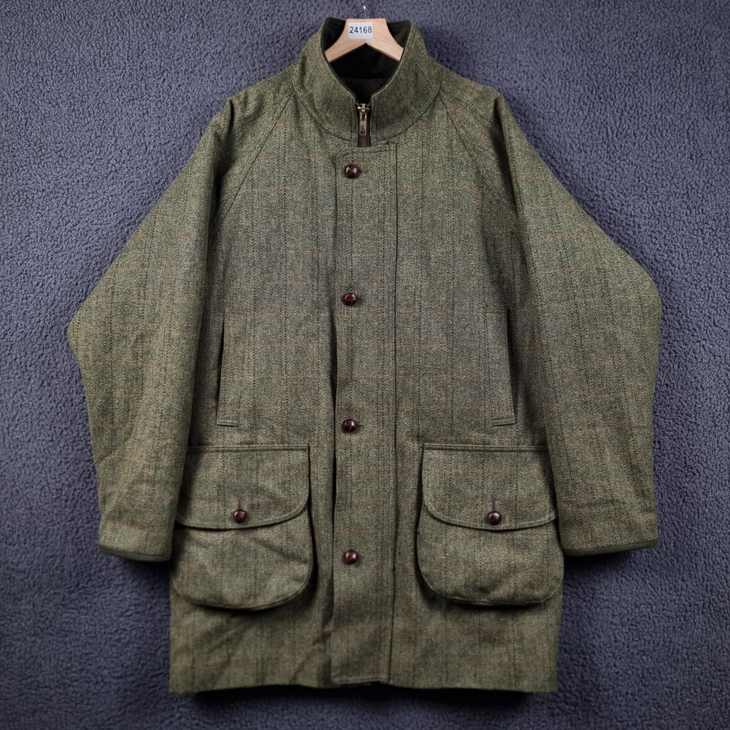 JOHN BROCKLEHURST Jacket Mens L Large Green Check Tweed 100% Wool Shooting Coat