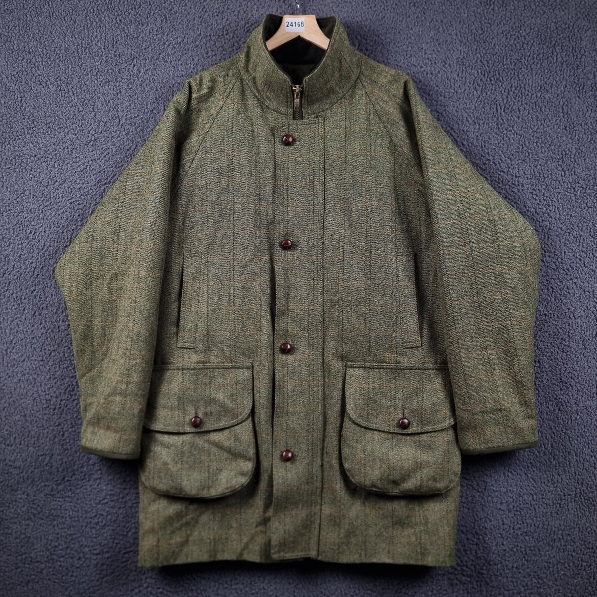 JOHN BROCKLEHURST Jacket Mens L Large Green Check Tweed 100% Wool Shooting Coat
