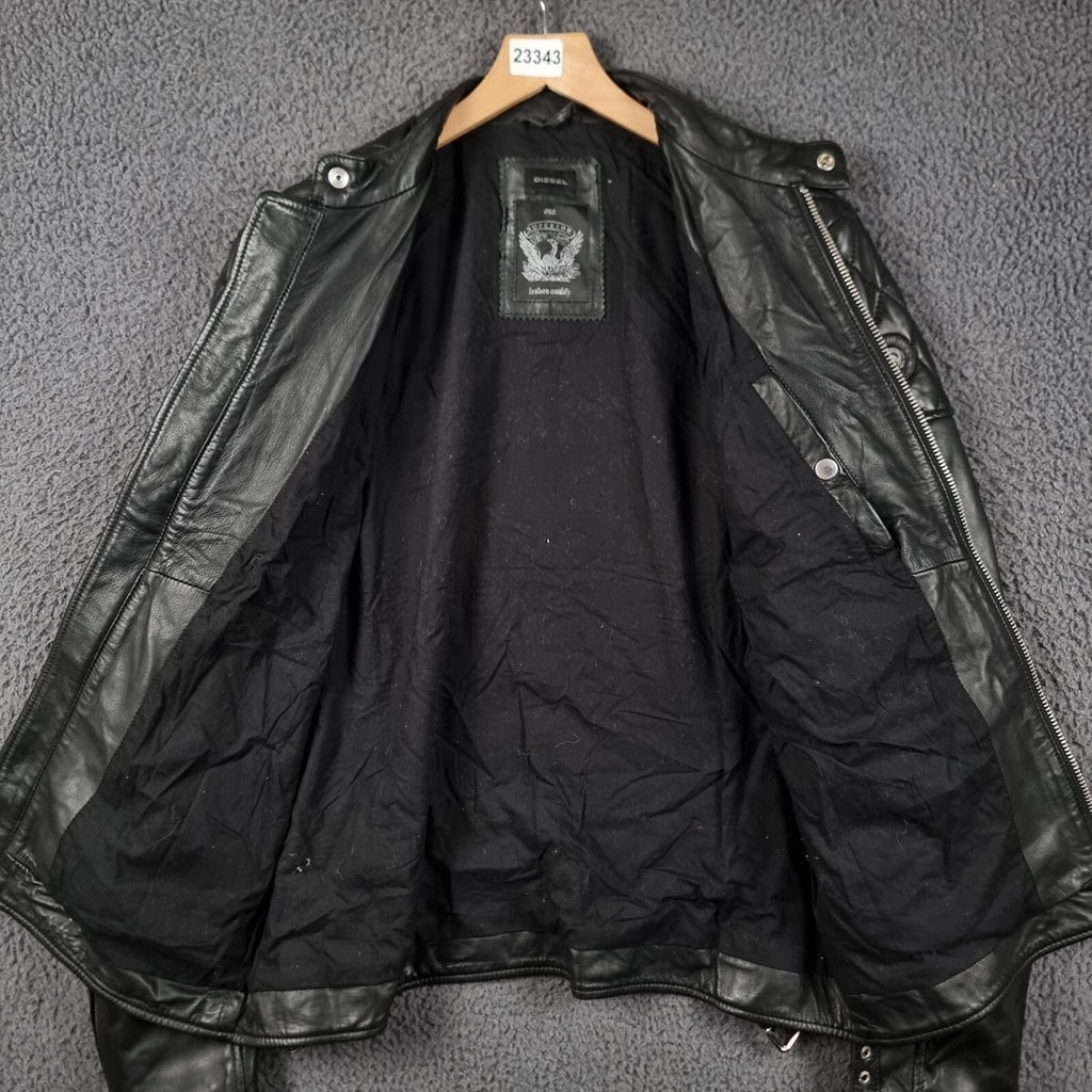 Diesel Leather Jacket Mens XL Black Soft Sheepskin Racer Biker Moto Full Zip