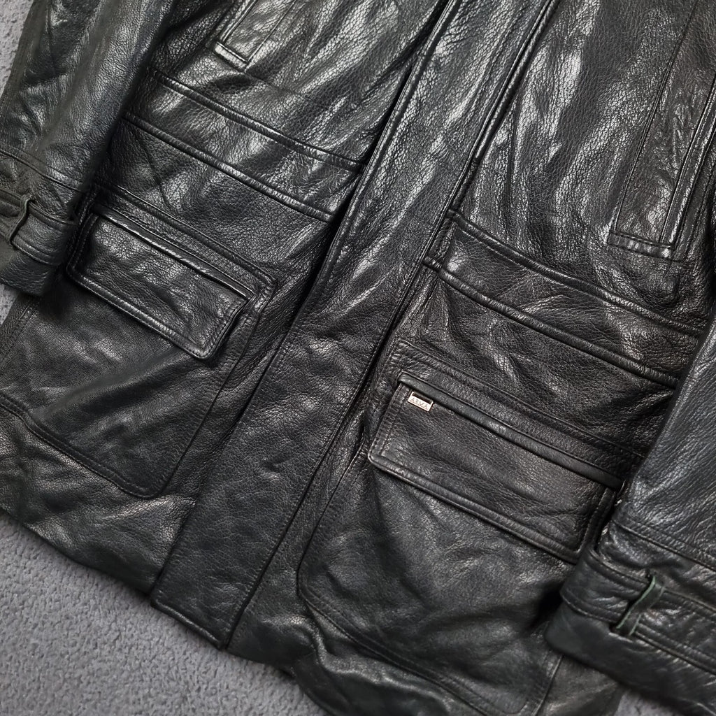Vintage ARMA Leather Jacket Mens L Large 40 Black Long Overcoat Coat Lined 90s
