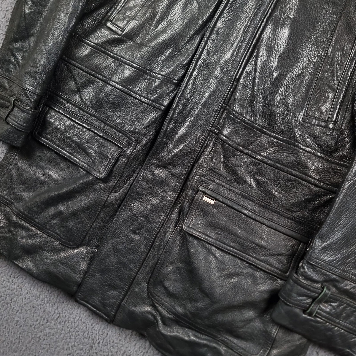 Vintage ARMA Leather Jacket Mens L Large 40 Black Long Overcoat Coat Lined 90s
