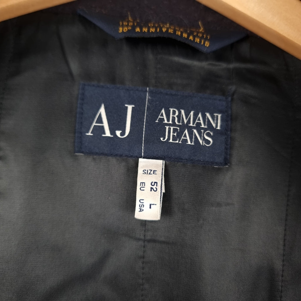 ARMANI JEANS Coat Mens L Large Navy Blue Wool Overcoat Peacoat 30th Anniversary