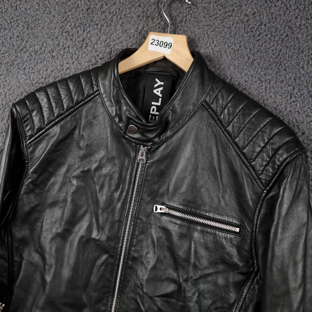 REPLAY Leather Jacket Mens XL Black Biker Racer Soft Sheep Lambskin Full Zip