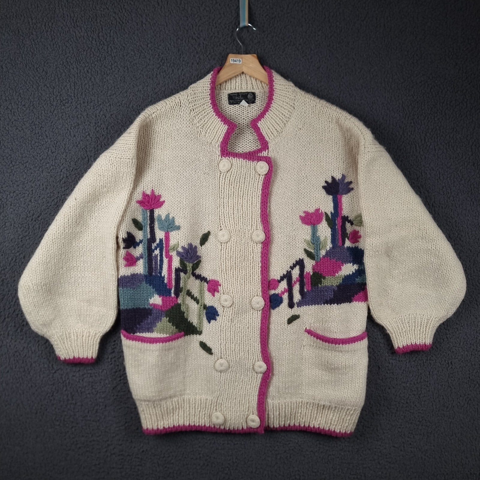 Vintage DOBRILA Cardigan Womens M Medium Pure Wool Hand Knit Yugoslavia Floral