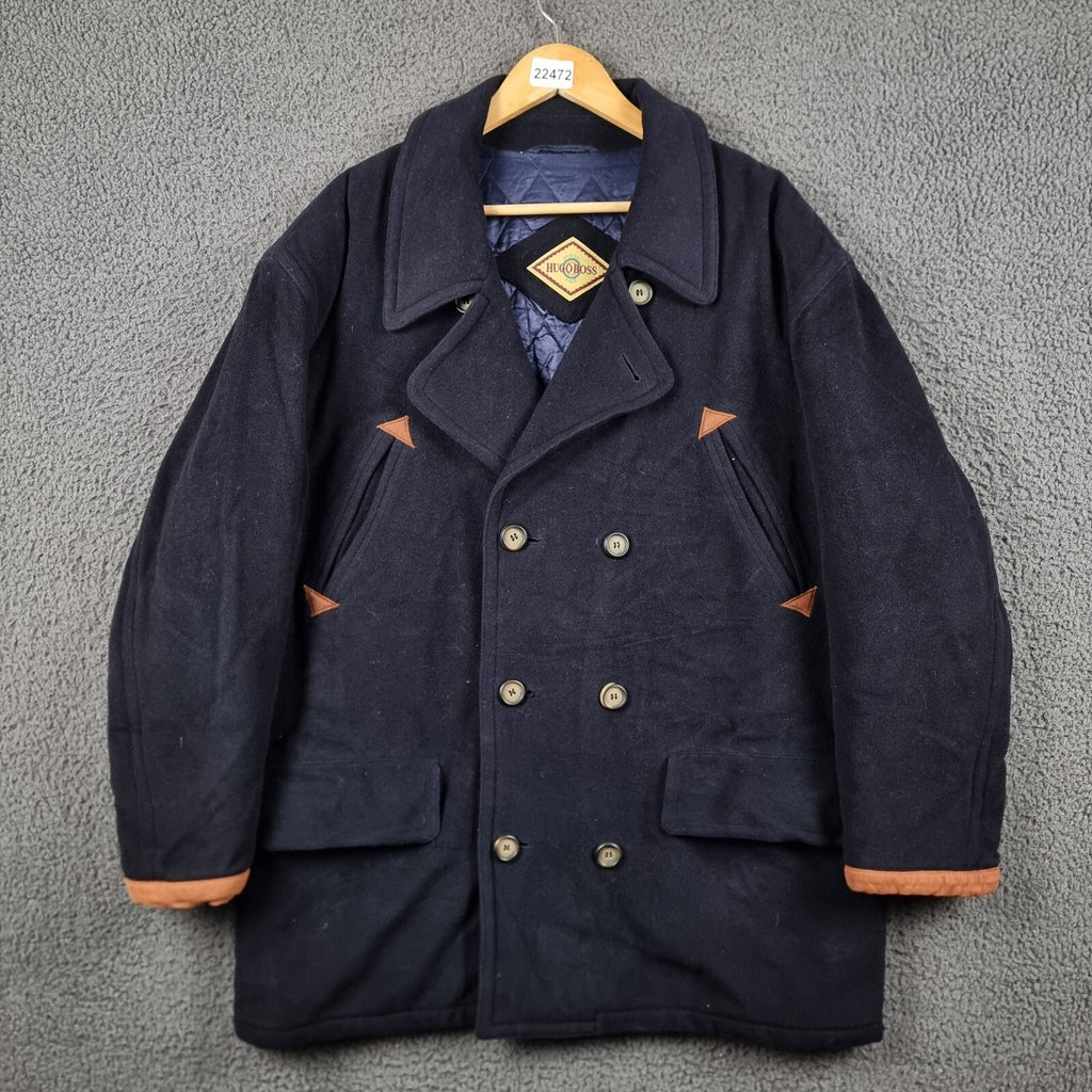 Vintage HUGO BOSS Pea Coat Mens L Large Navy Blue 100% Wool Double Breasted 80s
