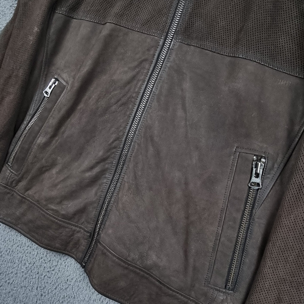 HUGO BOSS Leather Jacket Mens L Large 40R Brown Buffalo Skin Bomber Biker