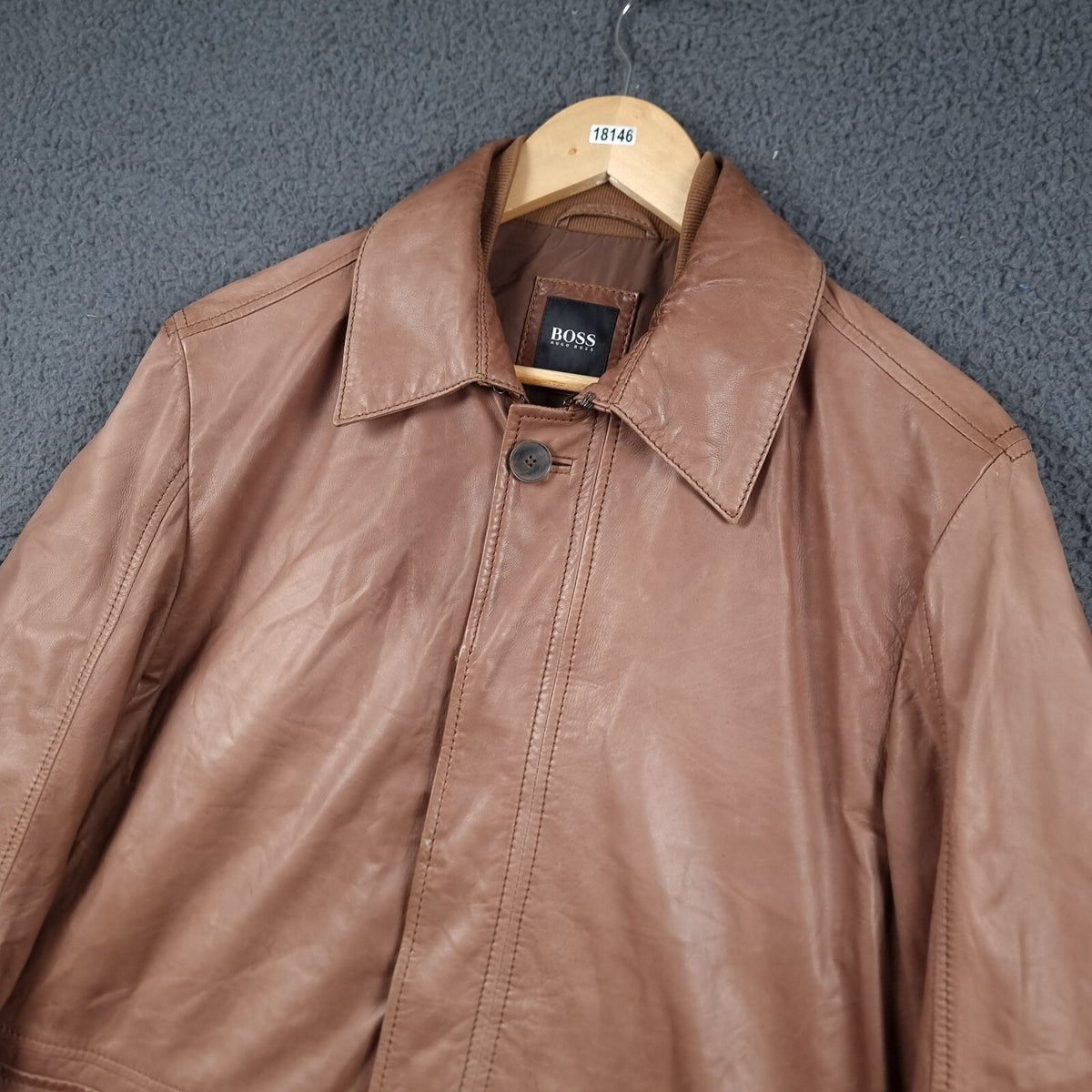 HUGO BOSS Leather Jacket Mens 40R L Large Brown Nappa Calfskin Soft Coat