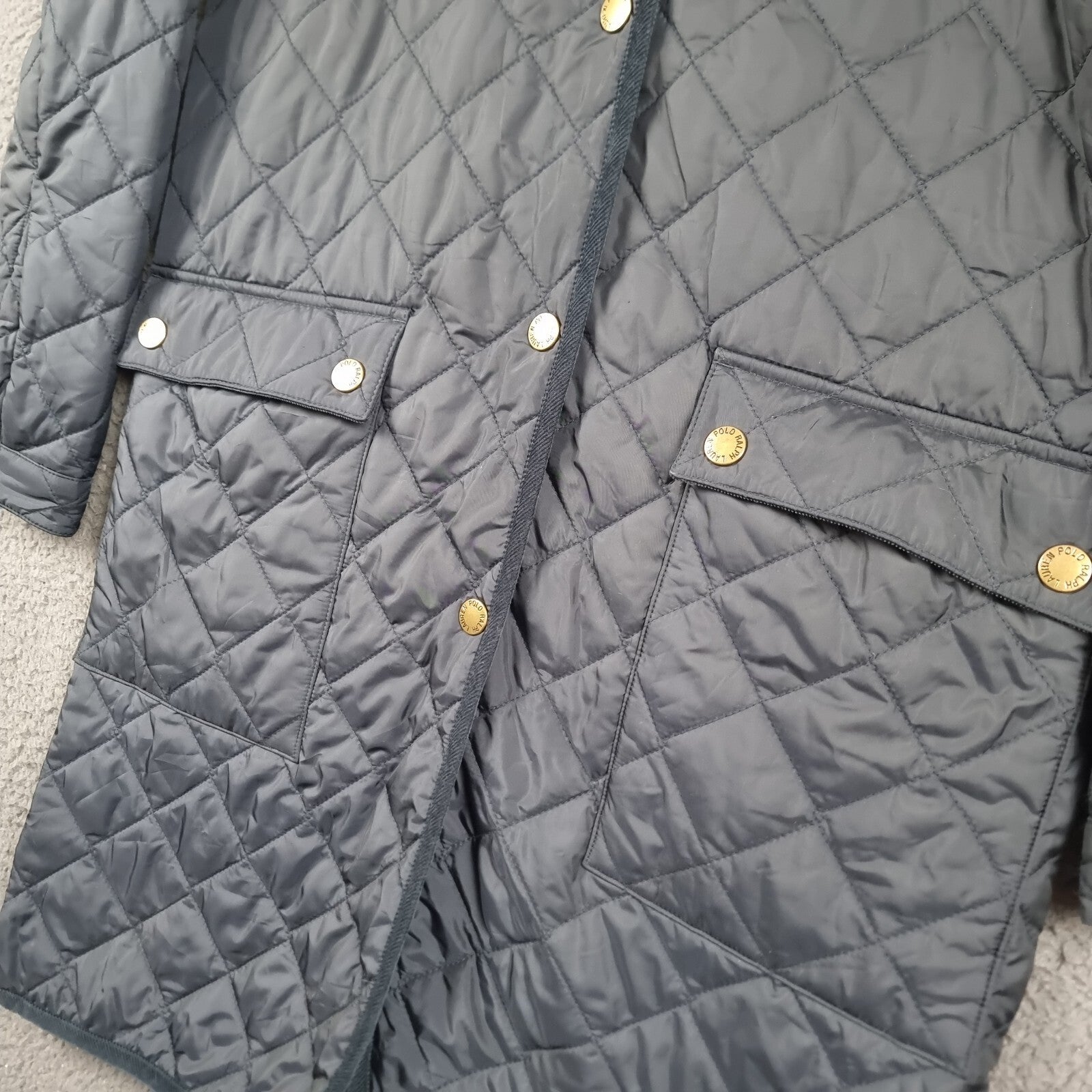 Vintage RALPH LAUREN Jacket Womens S Small Navy Long Quilted Coat Collared 90s
