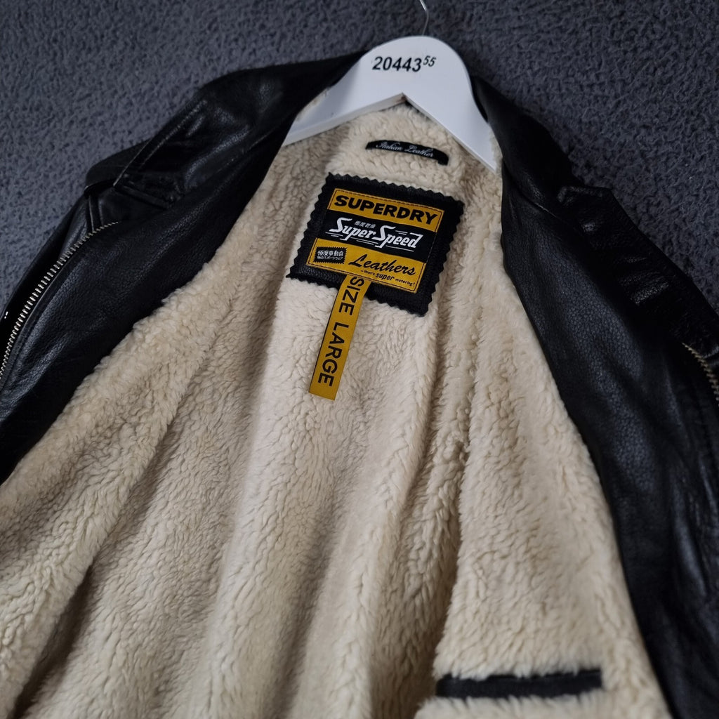 SUPERDRY Leather Jacket Mens L Large Black Biker Bomber Sherpa Lined Super Speed