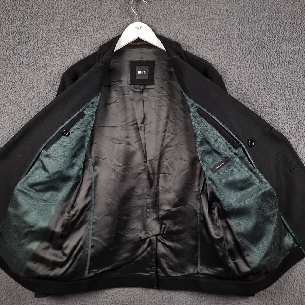 Hugo Boss Pea Coat Mens 40R M Medium Black Wool & Cashmere Double Breasted Jacket