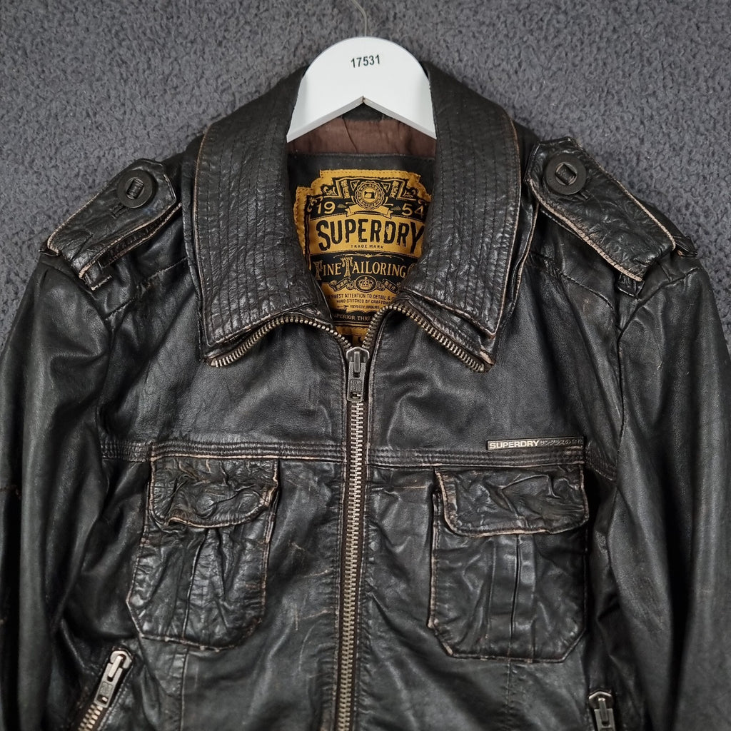 SUPERDRY Leather Jacket Mens L Large Brown Brad Distressed Biker Motorcycle